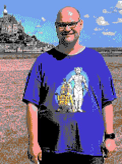 Xander Mol at Mont-Saint-Michel, rendered in the Commodore 64 colour palette